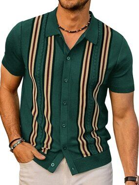 Men's Dark Green Vintage Striped Knit Button-Down Beach Short Sleeve Shirt